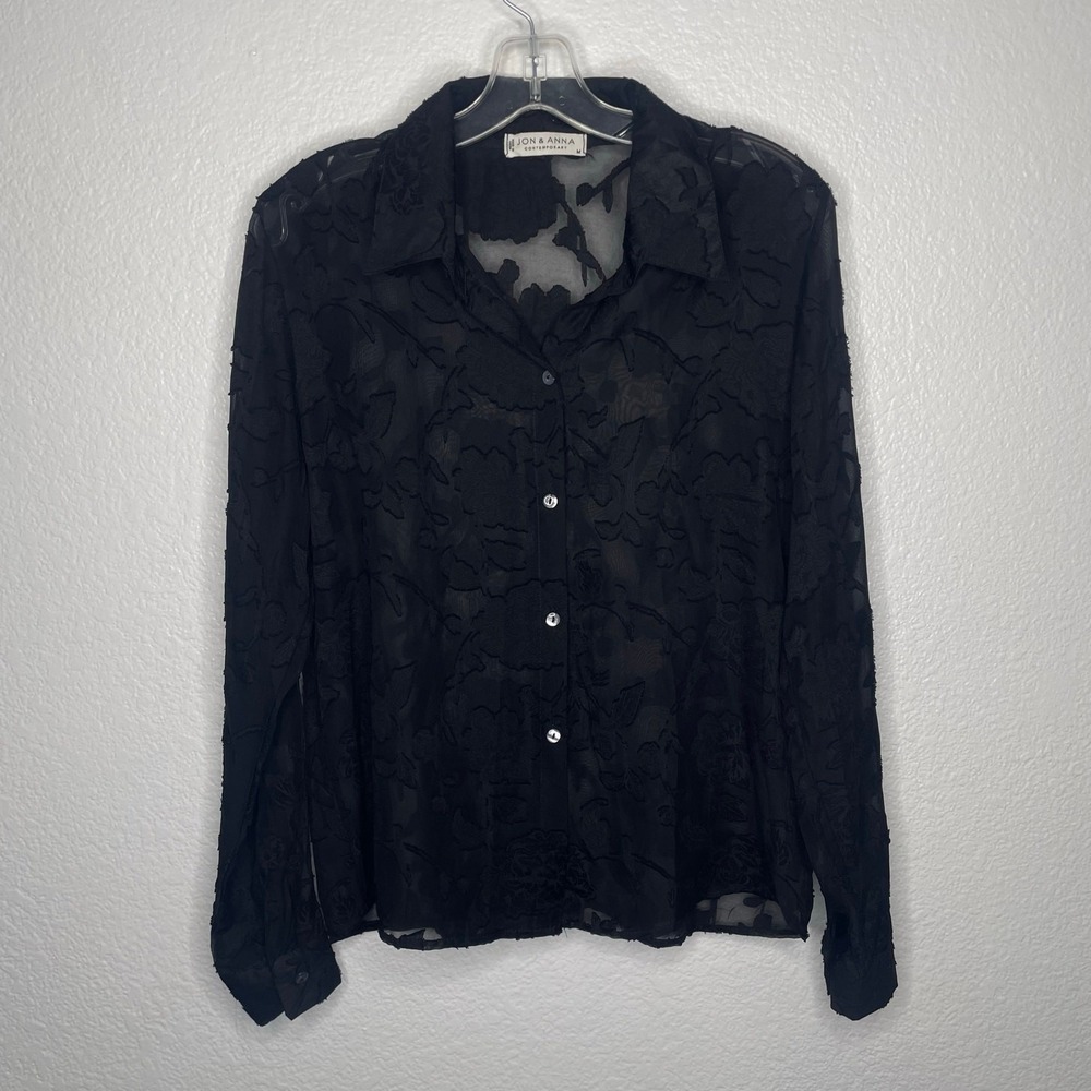 Jon & Anna Contemporary Black Sheer Floral Burnout Button Down Blouse Medium